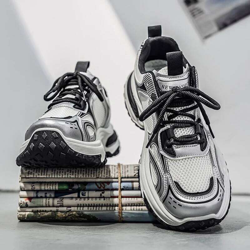 Trendy Unisex Chunky Dad Sneakers Silver Black Retro Couple | Breathable Mesh Casual Platform Shoes 25M1219