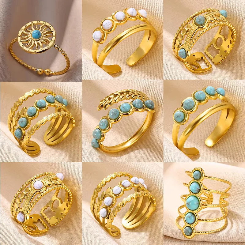 Boho Blue Natural Stone Ring For Women Men Gold Color Stainless Steel Ring Hollow Adjustable Opening Rings Jewelry Gift 251219
