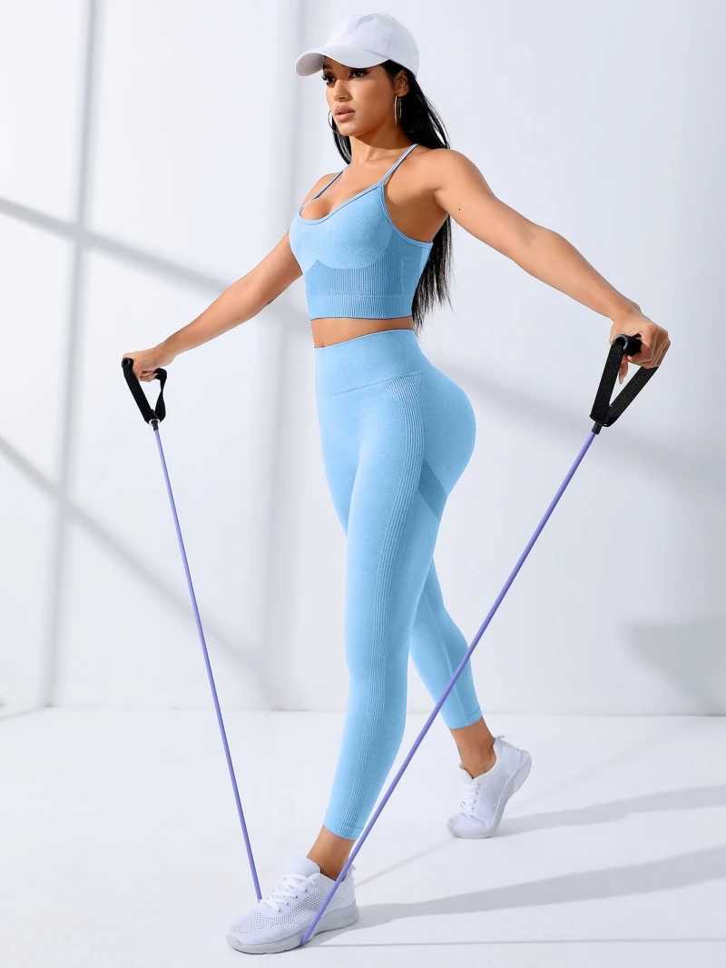 Women Yoga Set 2/Pcs Seamless Workout Outfits Yoga Sportswear Tracksuit Leggings And Thin Shoulder Strap Stretch Sports Bra Fitnt251219