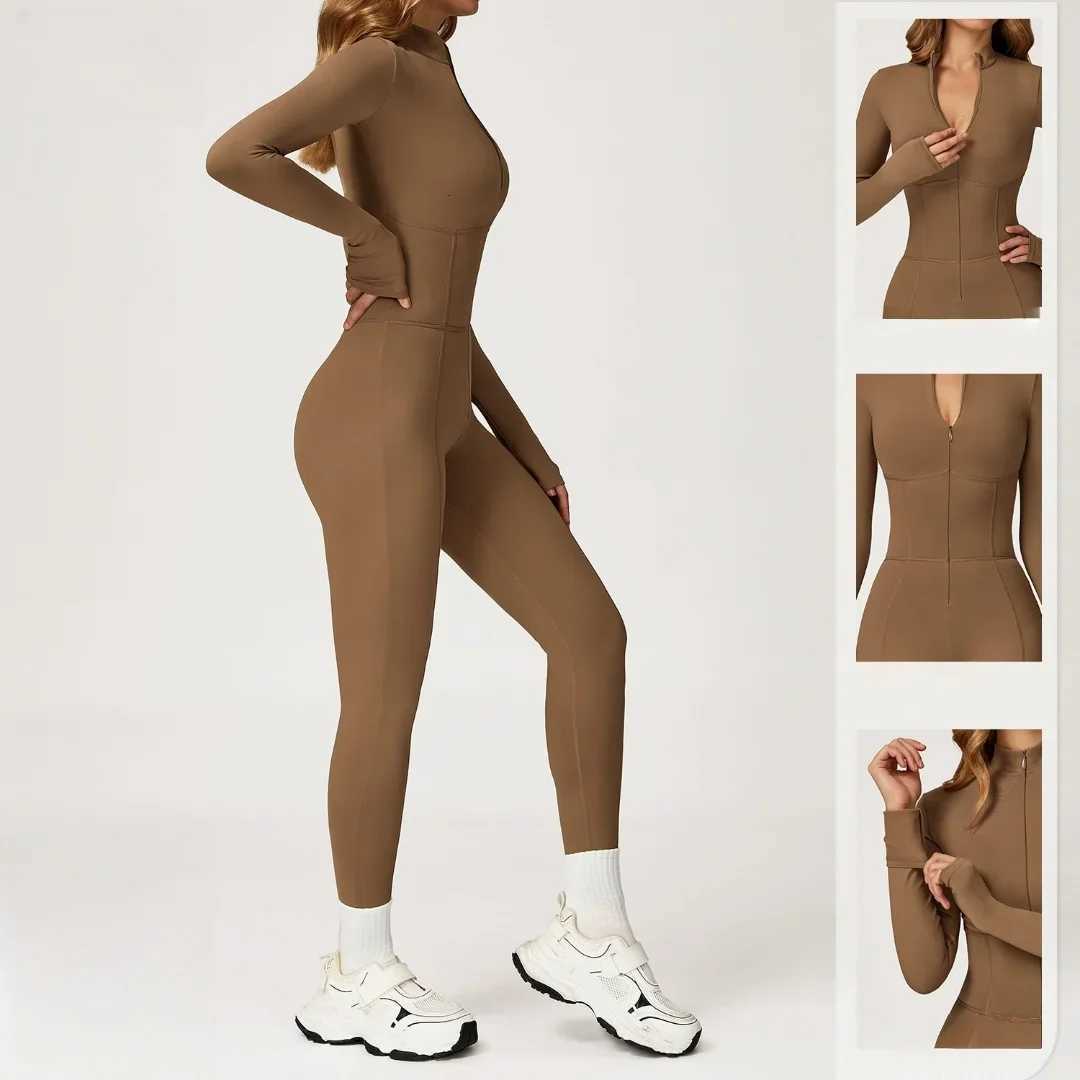 Yoga Bodysuit Sports Fitness Peach Hip Zipper Pants Long Sleeve One-piece Outdoor Running Casual Workout Clothes Gym Jumpsuitt251219