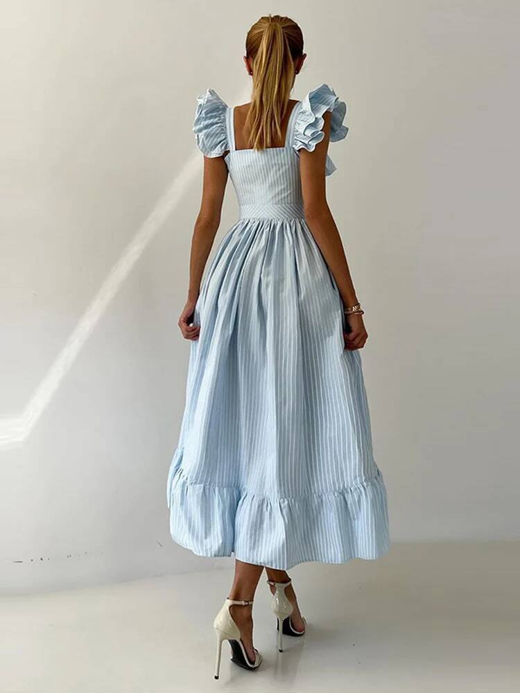 Flying Sleeve Ruffle Striped Slip Long Dress Women Elegant Square Collar Waist Cinching Pleat Party Dresses Chic Ladies Vestido dongdumaoyi