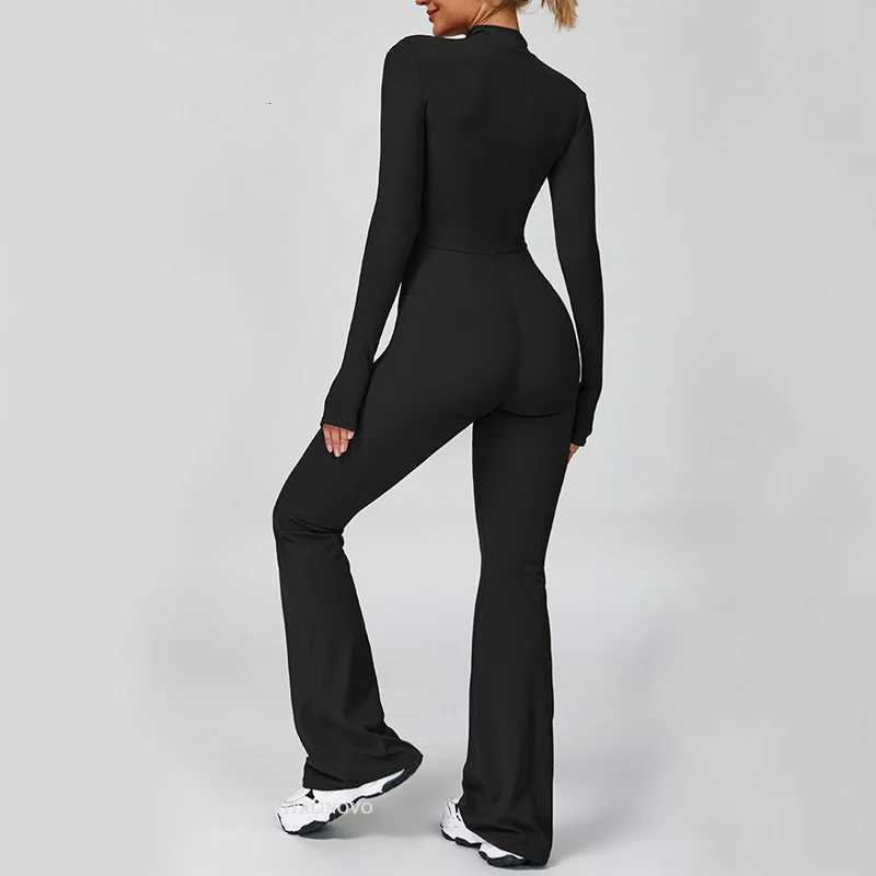VITALINOVO Women Long Sleeve Flare Workout Jumpsuit Zip Up Romper Bottom Pants Wide Leg Full Length Bodysuit Bodycon One Piecet251219
