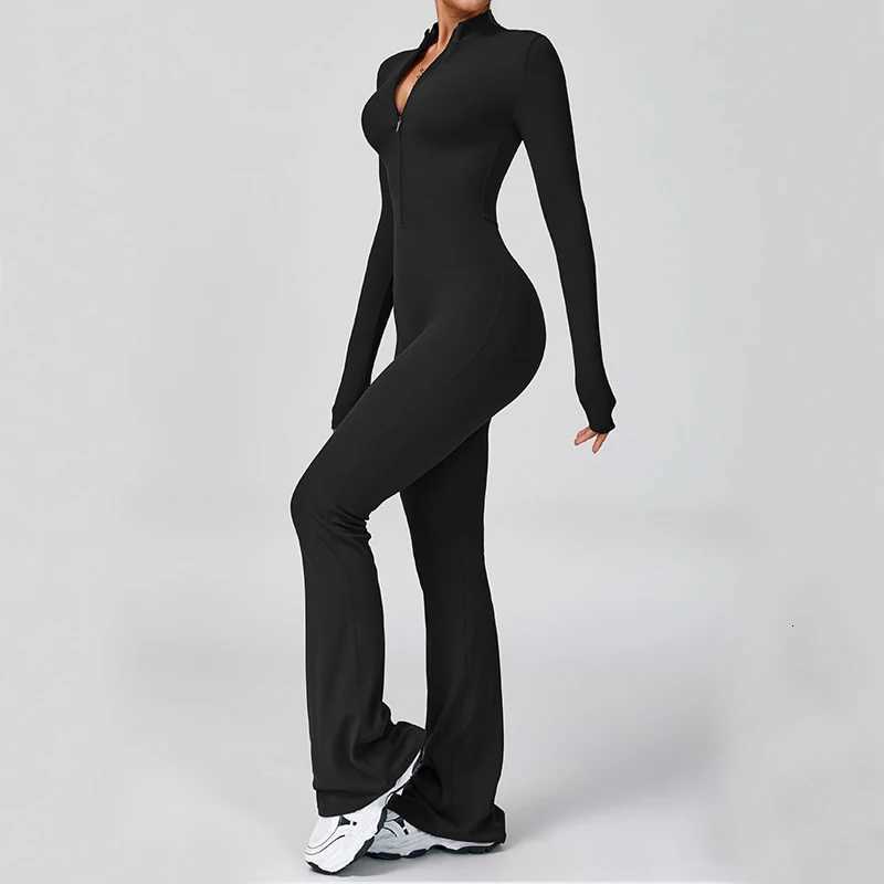 VITALINOVO Women Long Sleeve Flare Workout Jumpsuit Zip Up Romper Bottom Pants Wide Leg Full Length Bodysuit Bodycon One Piecet251219