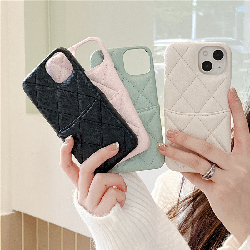 iPhone 17 Pro Max Chanel Style 3D Quilted Pattern Compatible with Apple 16 Lychee Texture 15 Leather 14 Card Slot Hard Case