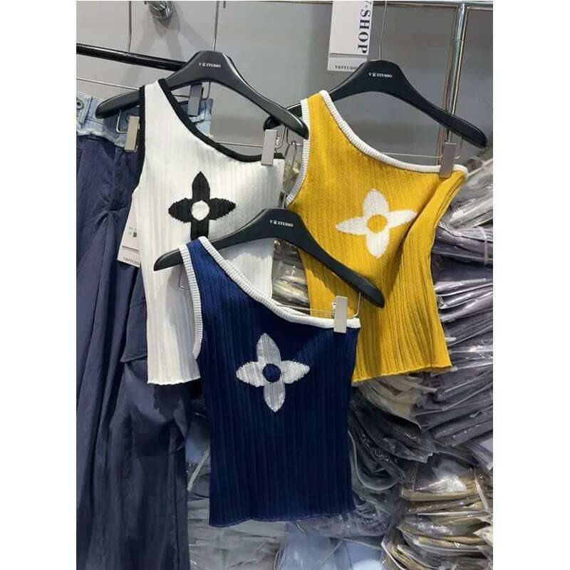 New Patchwork Skew Collar Knitting Camisole Female Summer Fashion Slim Floral Sleeveless T-Shirts Women Clothes Top Tee