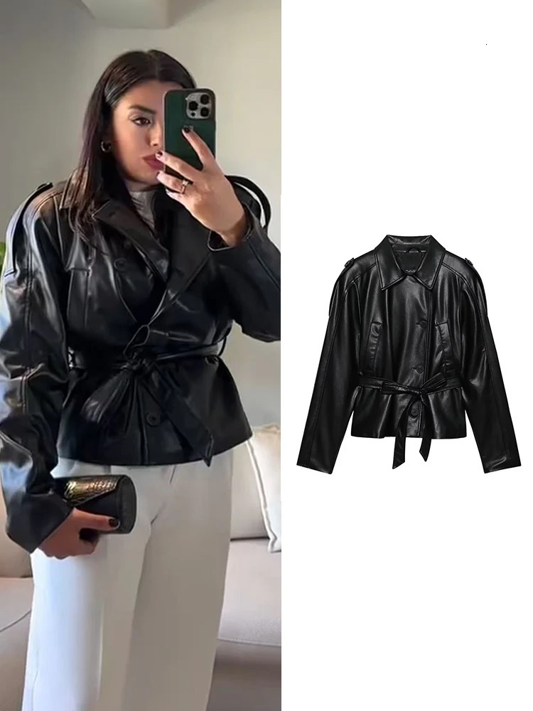 Women Vintage Pu Faux Leather Jacket With Belt Short Style Streetwear Fashion Leisure Single Breasted Retro Female Outwear 251205
