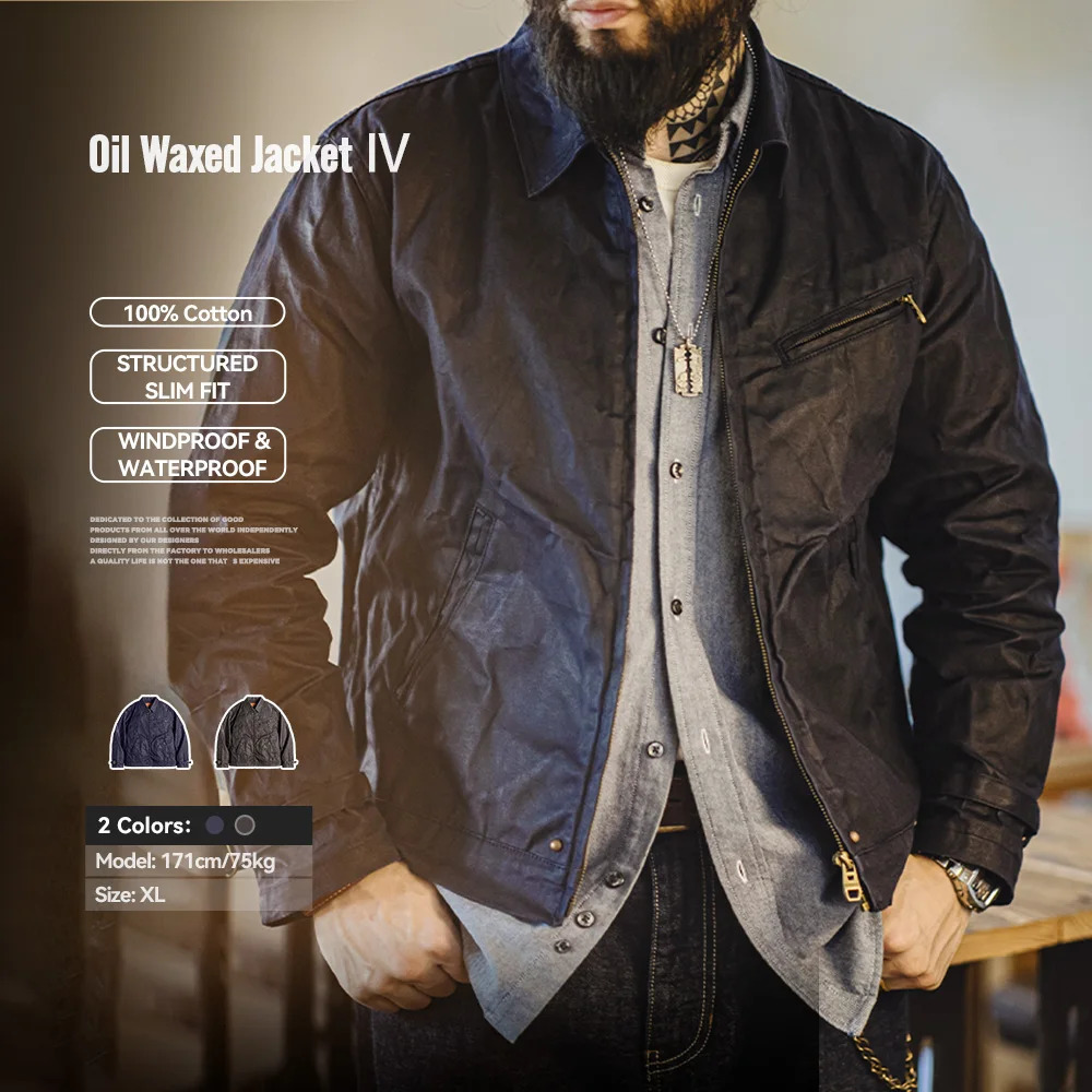 Maden Mens Vintage IV Oil Waxed Canvas Jacket Lapel Zipper Short Outerwear Classic Slim Fit for Spring and Fall 251219