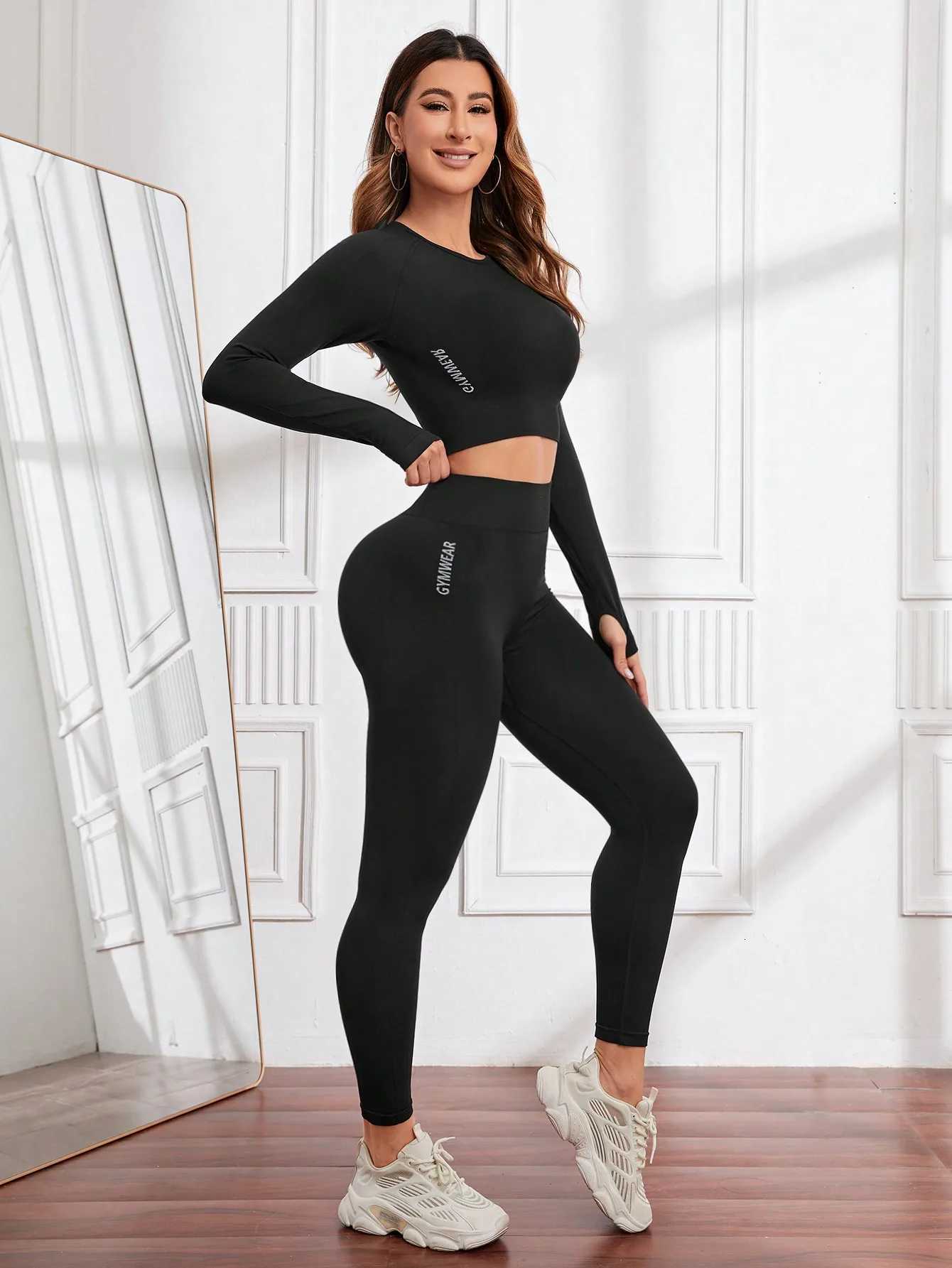 Seamless Workout Sets for Women 2 Piece Leggings Long Sleeves Crop Tops Matchingt251219