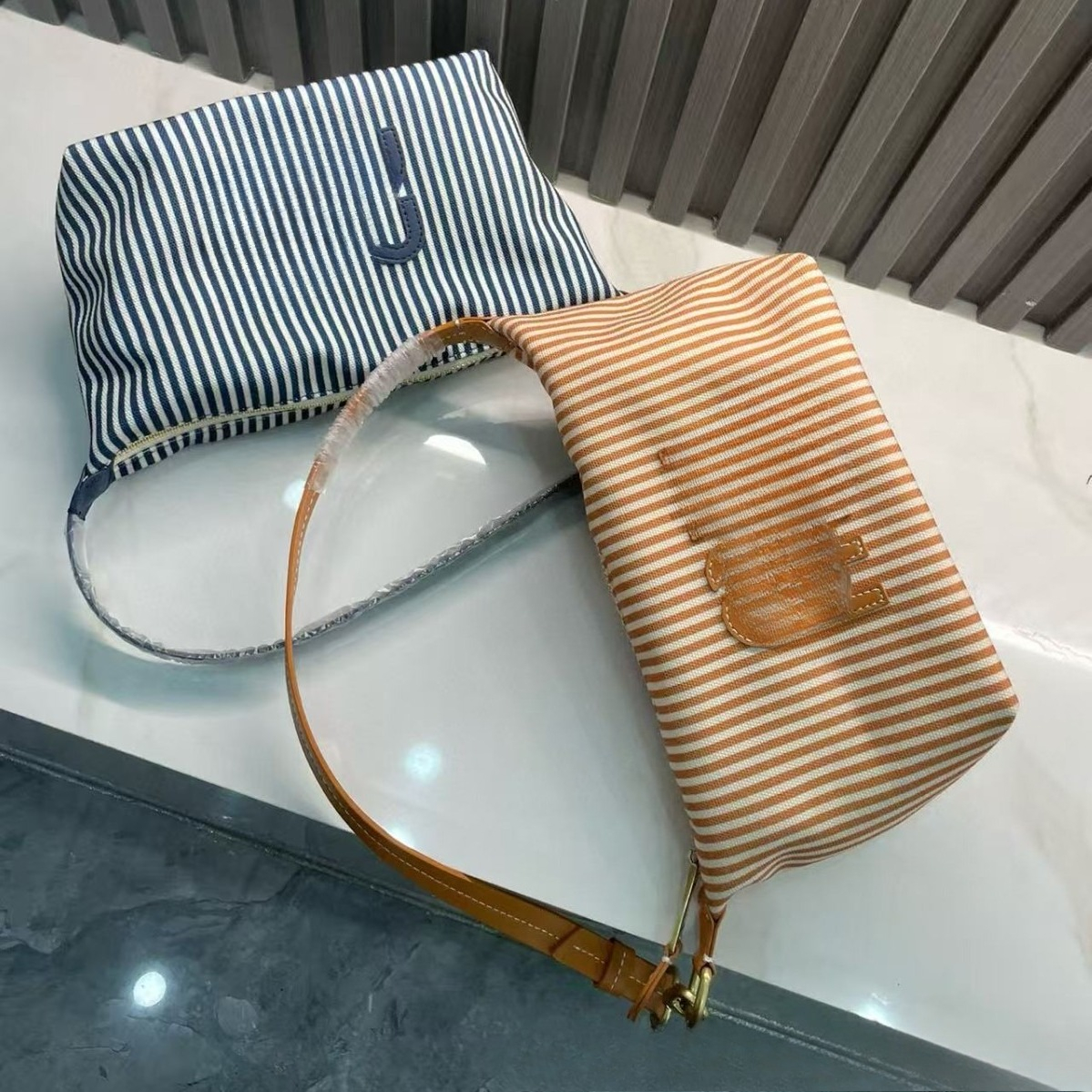 Color Blocked Striped Canvas Lunch Box Bag Handbag Versatile Shoulder Bag