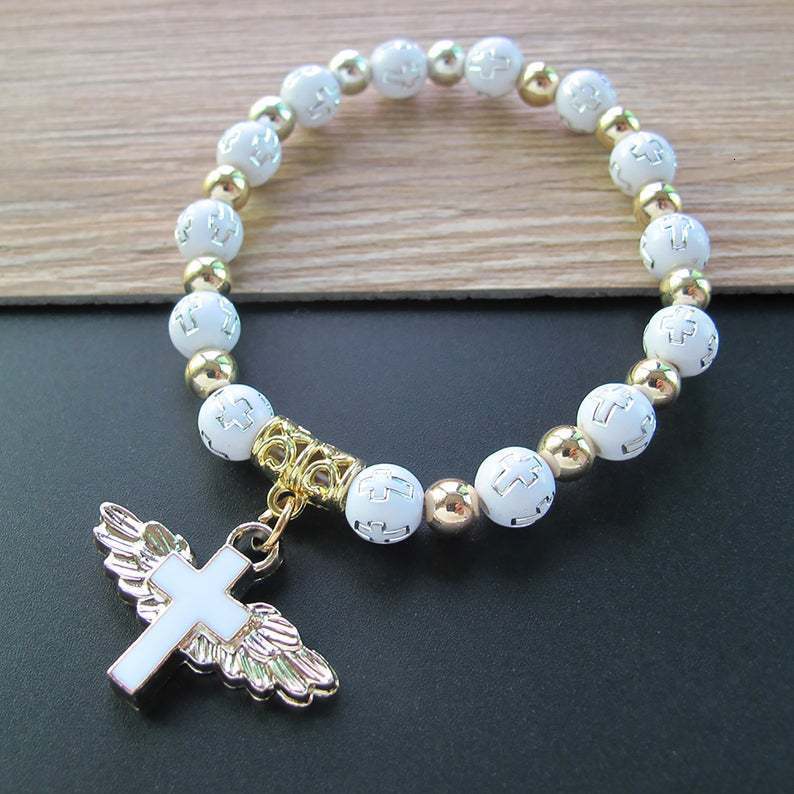 Hot Selling Gold Stamping Acrylic Cross Bead Bracelet Oil Drop Angel Cross Rosary Bracelet