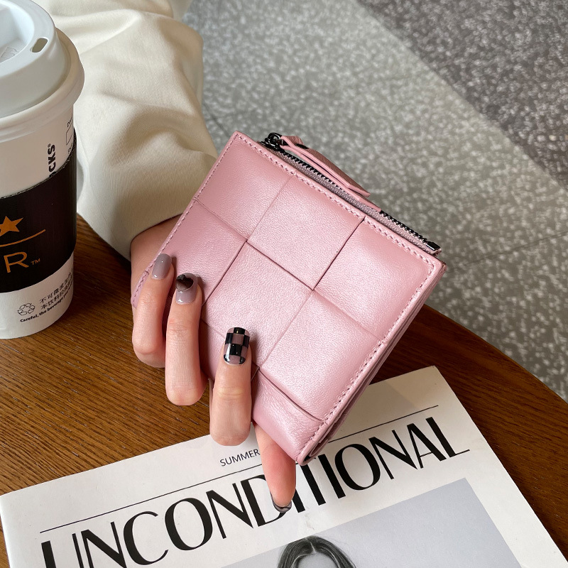 2025 new Women's short wallet genuine leather wallet large woven sheepskin large-capacity coin purse leather wallet card holder