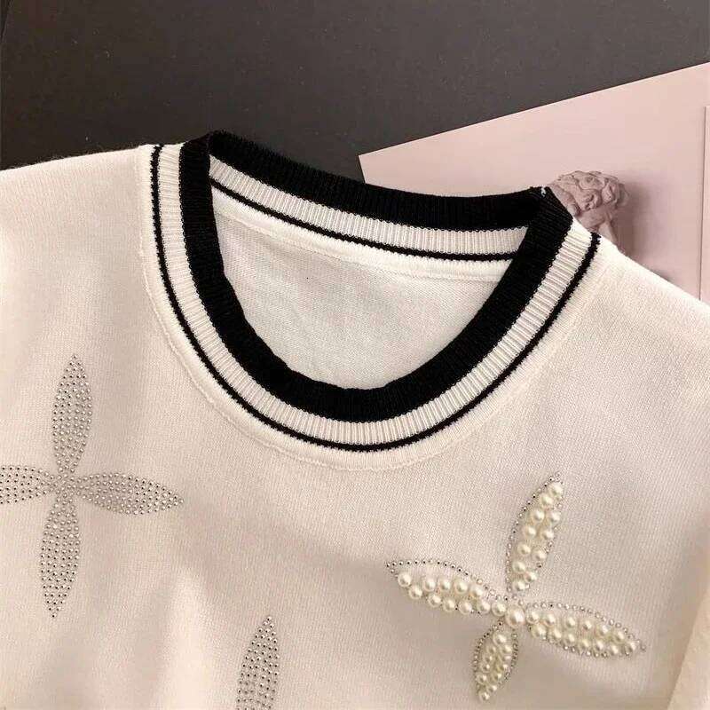 Neploe New Ice Silk O-Neck Beading T-Shirts Fashion Sweet Knitted Short Sleeve Tee Shirt Summer Loose Black Tops Women