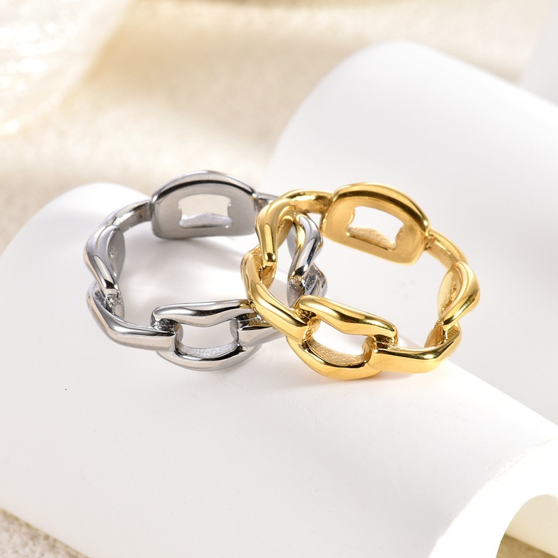 Luxury Brand Designer Jewelry European And American Style Minimalist Titanium Steel 18K Gold Plated Chain Hollow Ring Women's Tail Ring Jewelry L