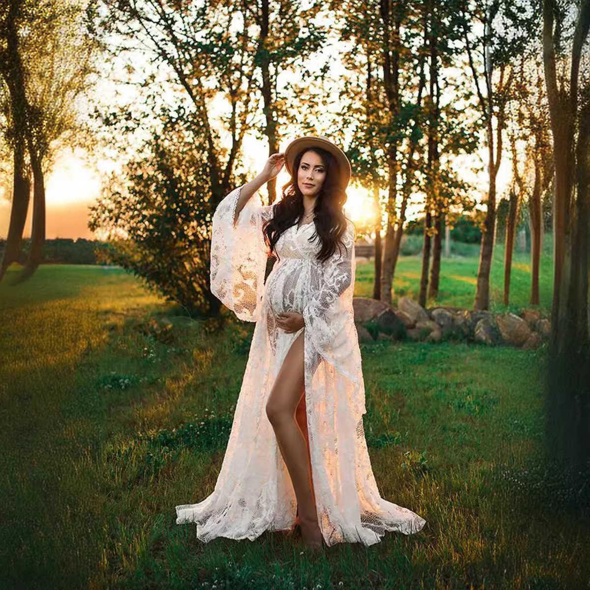 Boho Lace Maternity Po Shootting Long Dresses Pregnant Woman Pography Clothes Long Dress 240703