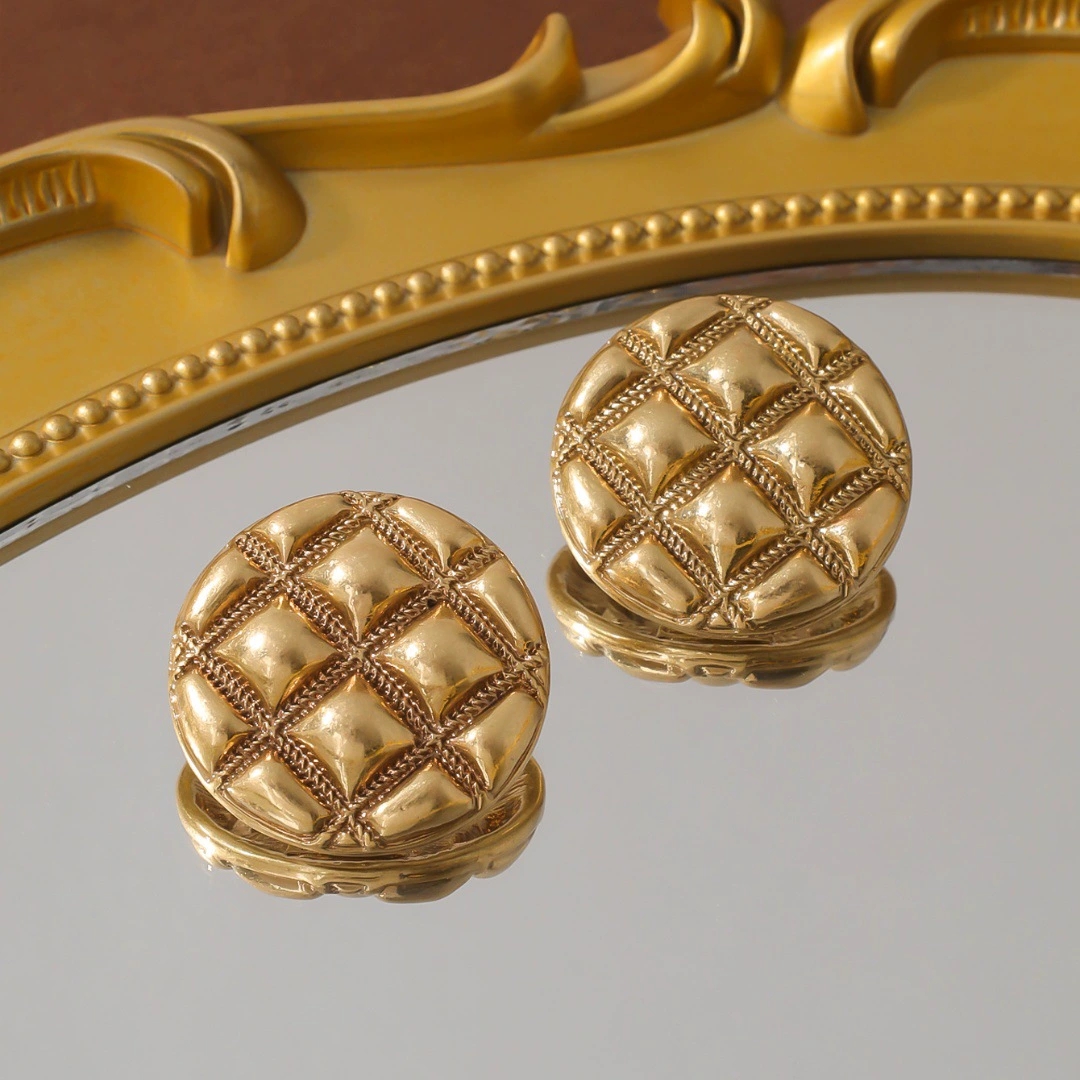 Nuovi Orecchini A Bottone In Oro A Quadretti Vintage Di Lusso Con Spilla A Bott…