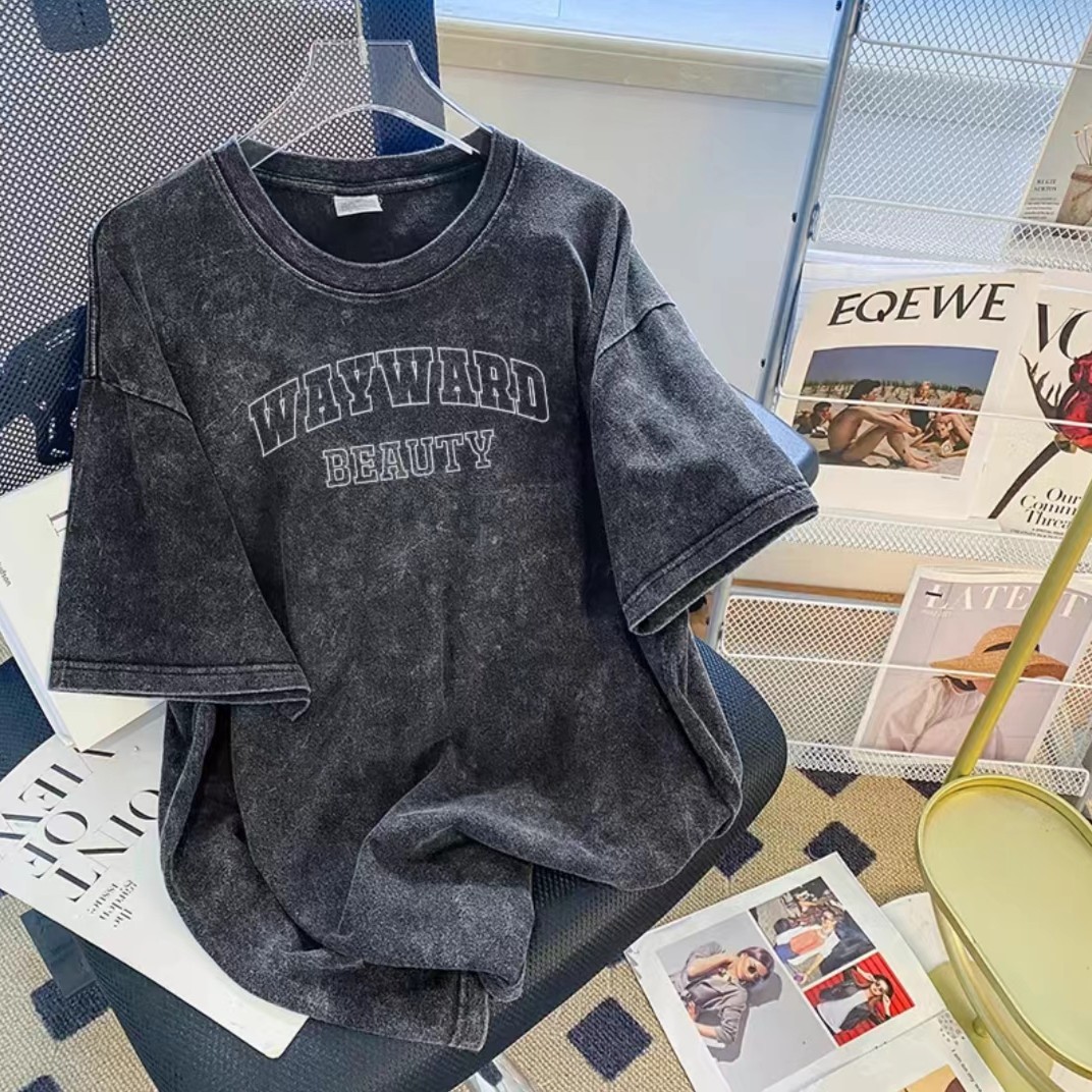 Men's American Vintage Washed Distressed Short-Sleeve T-Shirt, Summer New Arrival INS Streetwear Loose Tee