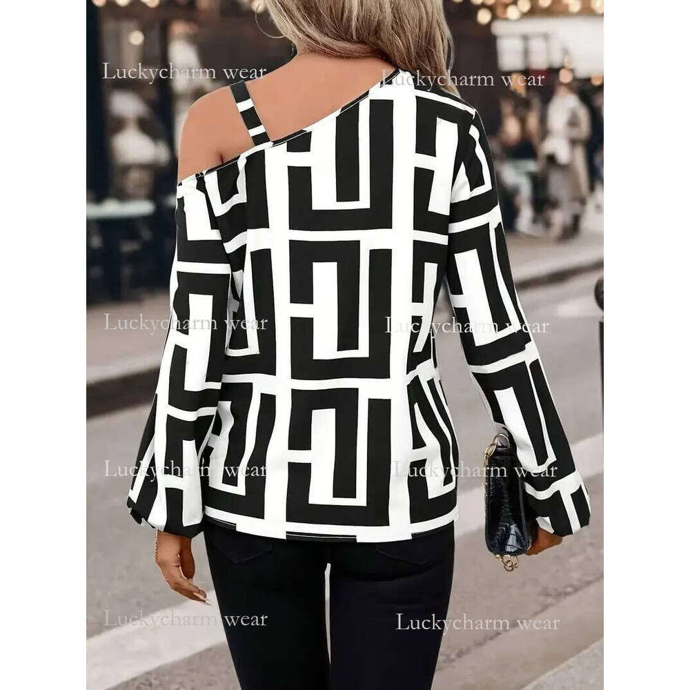 Elegant Geometric Printed Women's Blouse Spring 2025 New Product Slant Neck Off Shoulder Long Sleeve Hoodie Casual Shirt Ladies