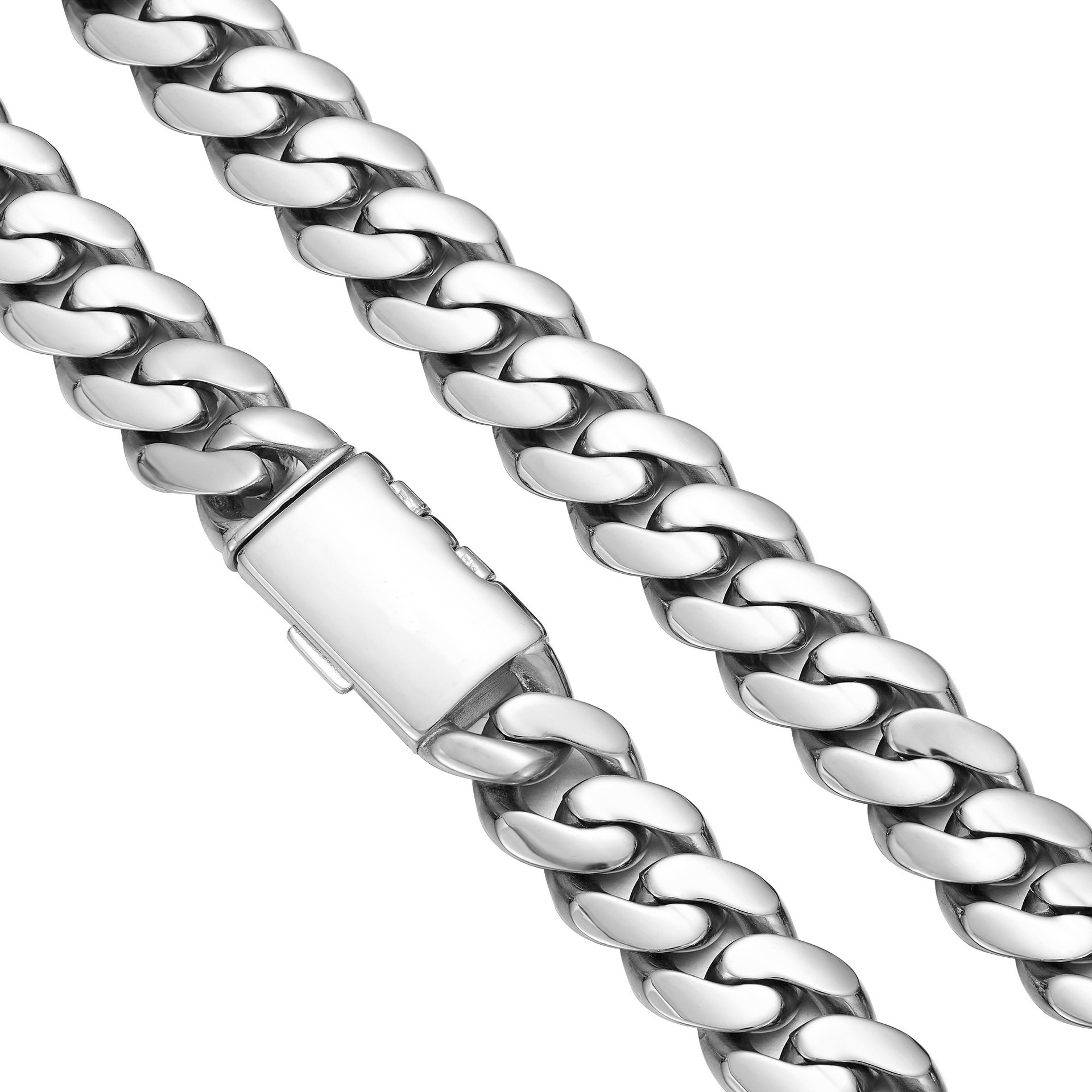 14mm Hip Hop Stainless Steel Cuban Chain Necklace Bracelet S Mark Full 5A Zircons Brass Clasp Jewelry Silver Color