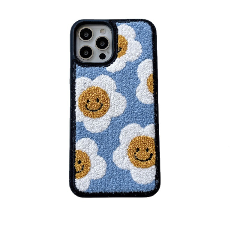 Embroidered Smiley Flower Case for iPhone 16 Pro Max Apple 17 Plush Sunflower 15 Autumn Winter