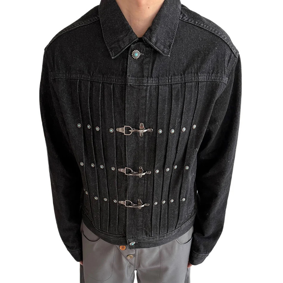 Airplane Buckle Denim Short Jacket Men Streetwear Fashion Hip Hop Turquoise Button Jeans Unisex Spring Autumn Cowboy Coat 251219