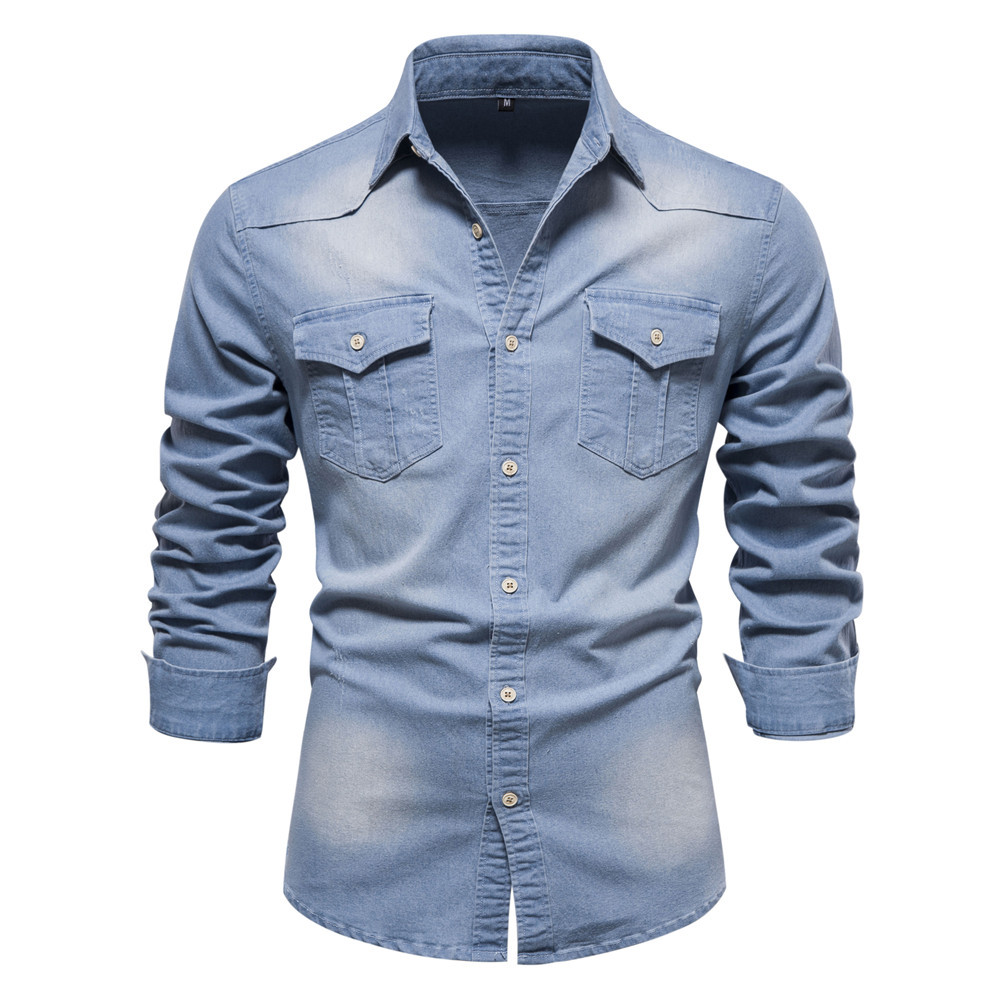 WOZK Men's autumn and winter European denim shirt, men's casual solid color denim long sleeved shirt, denim fabric inner top