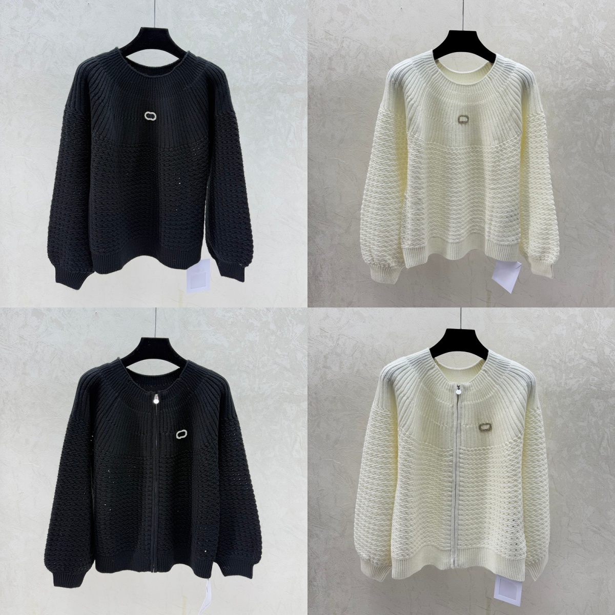 Lantern Sleeve Knitwear Women Rhinestone Letters Pullovers Crew Neck Zip Up Cardigan Winter Windproof Outerwear