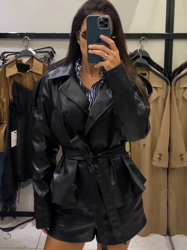 Women Vintage Pu Faux Leather Jacket With Belt Short Style Streetwear Fashion Leisure Single Breasted Retro Female Outwear 251205