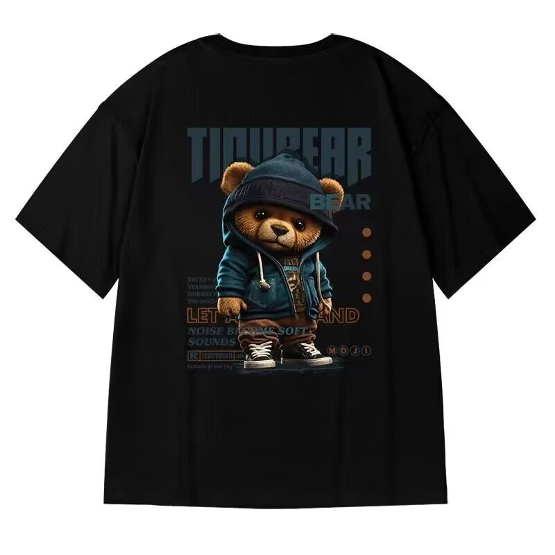Oversized American Trendy Brand Big Size Loose Bear Print Cotton Men's Short-Sleeve T-Shirt, Summer Fashion Tee