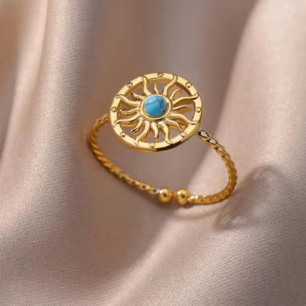 Boho Blue Natural Stone Ring For Women Men Gold Color Stainless Steel Ring Hollow Adjustable Opening Rings Jewelry Gift 251219