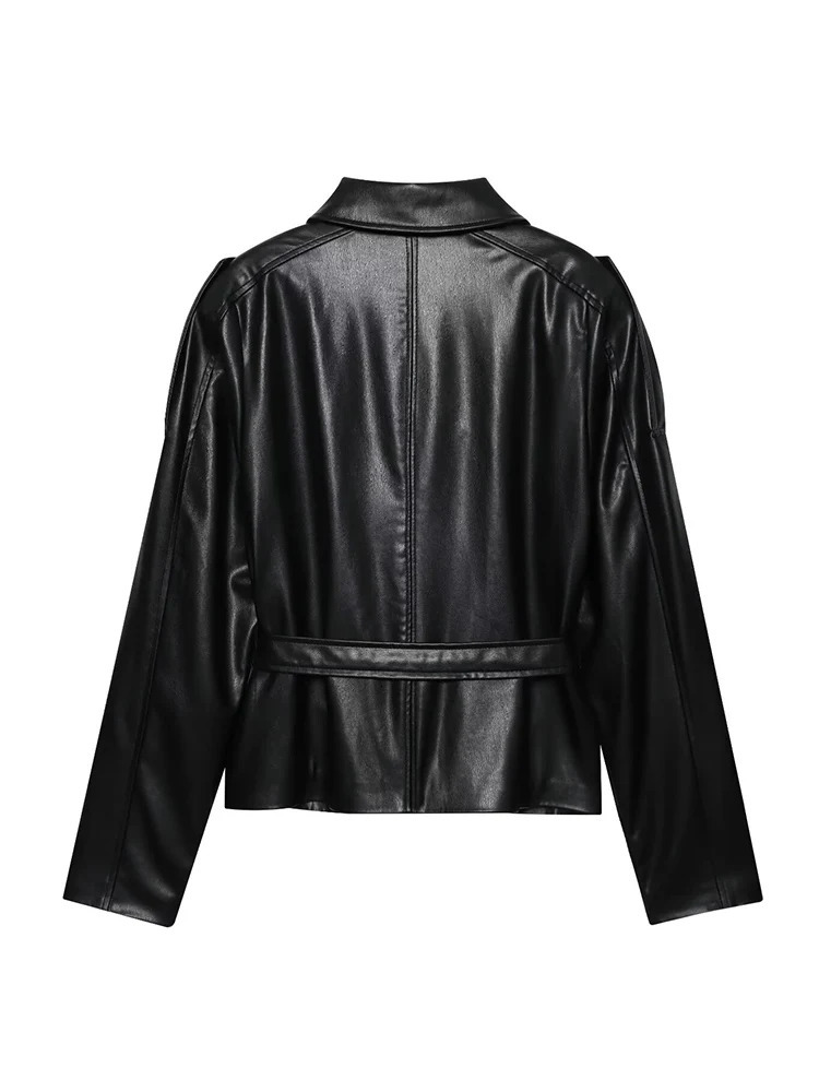 Women Vintage Pu Faux Leather Jacket With Belt Short Style Streetwear Fashion Leisure Single Breasted Retro Female Outwear 251205