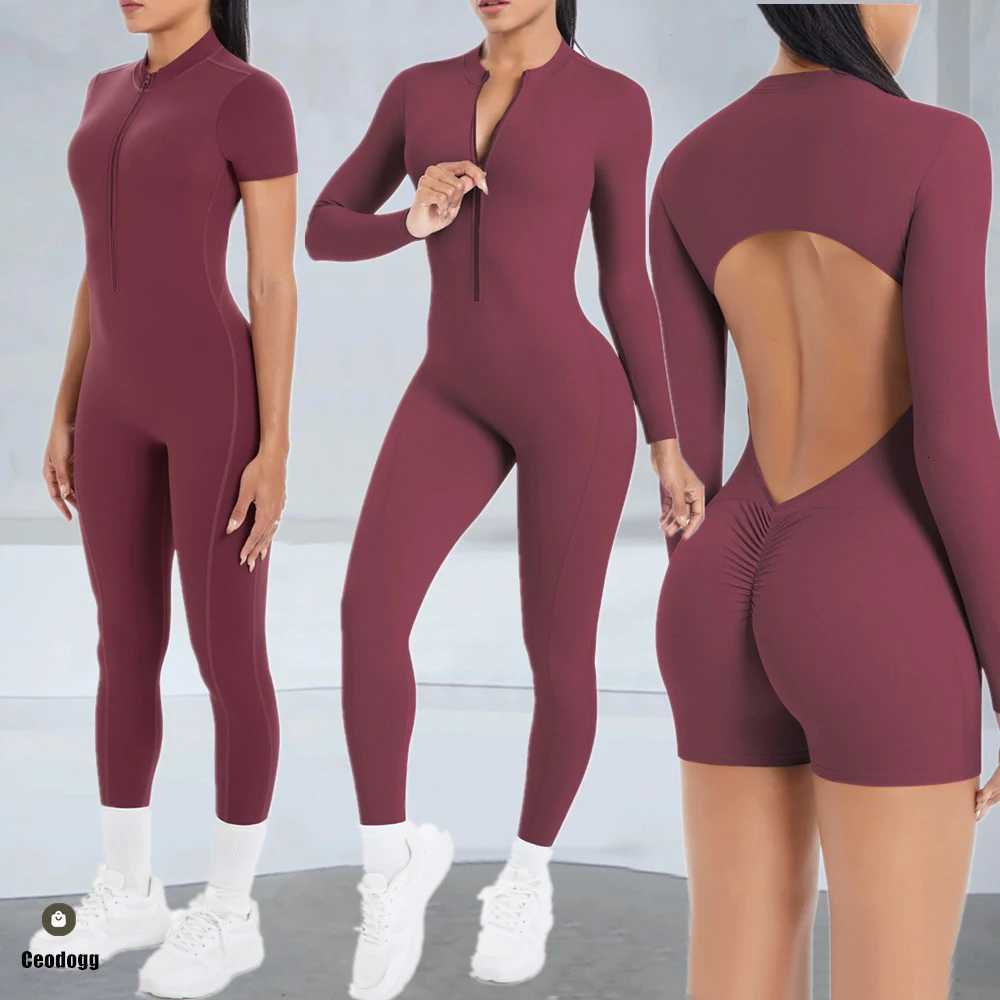 Pad Yoga Set One-Piece Short Sleeve Jumpsuits Women Legging Zipper Sport Shorts Rompers Ladies Fitness Active Bodysuits XP51t251219