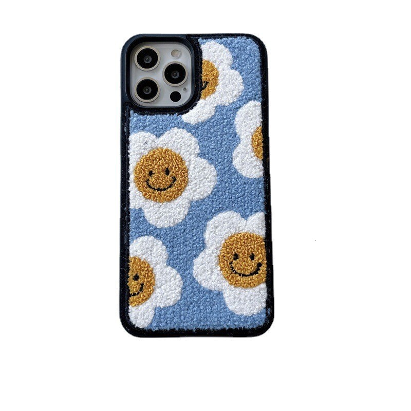 Embroidered Smiley Flower Case for iPhone 16 Pro Max Apple 17 Plush Sunflower 15 Autumn Winter