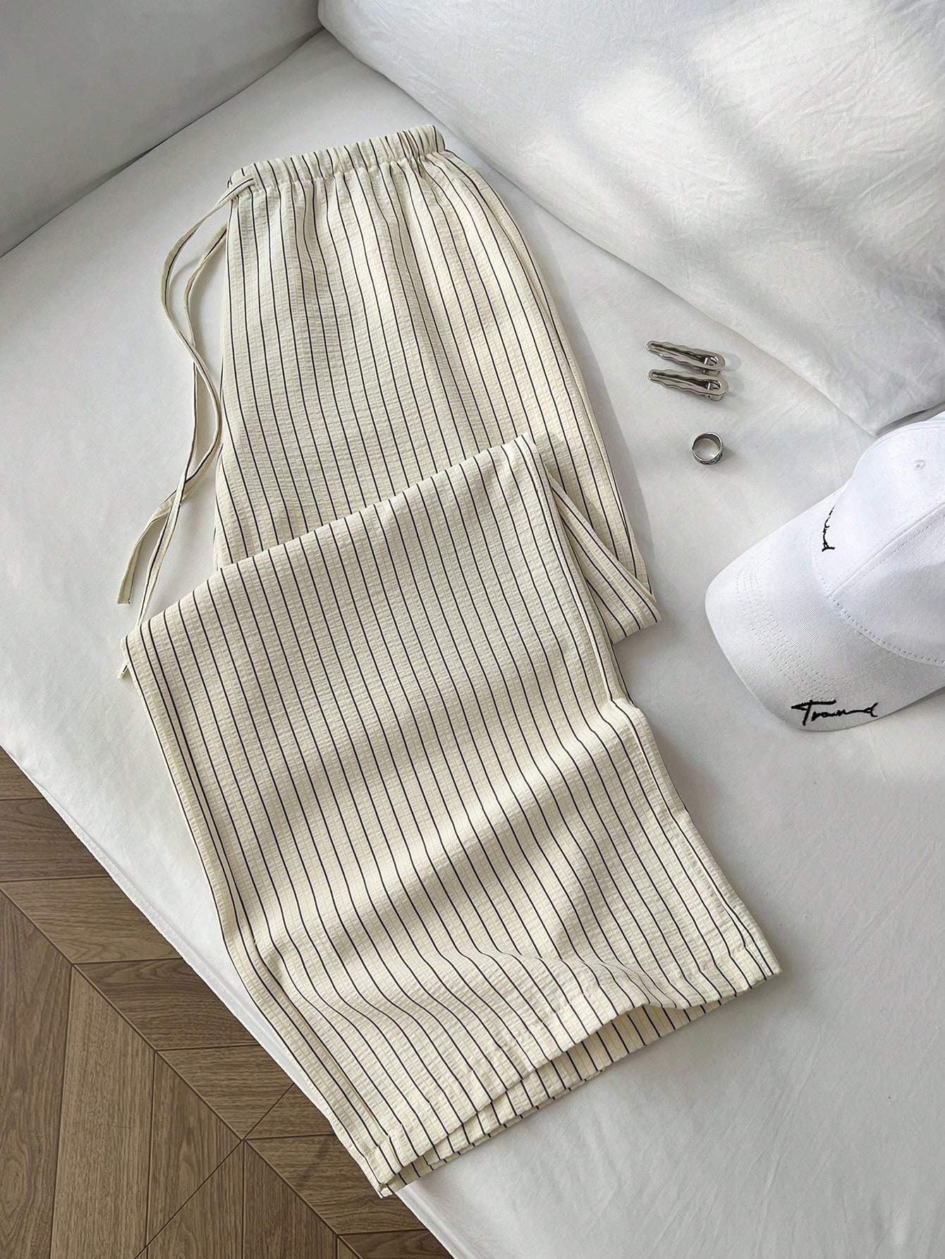 Women's Casual Office Commute Straight Leg Pants - Yellow Beige Striped Polyester Comfortable Trousers ---116