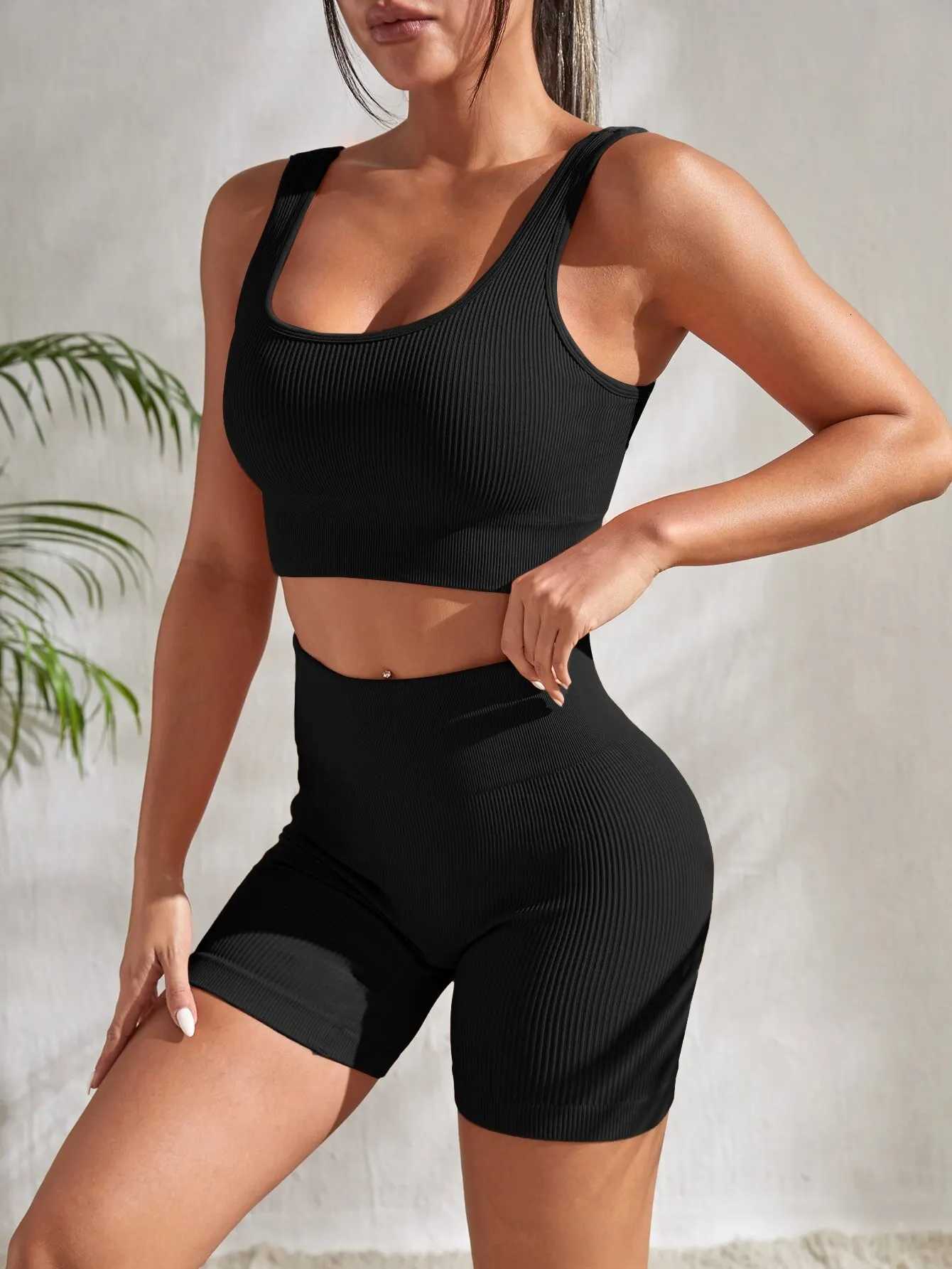 Seamless Ribbed Yoga Sets Workout Sets for Women 2 Pieces Gym Suits Ribbed Crop Tank High Waist Shorts Outfits Fitness Runningt251219