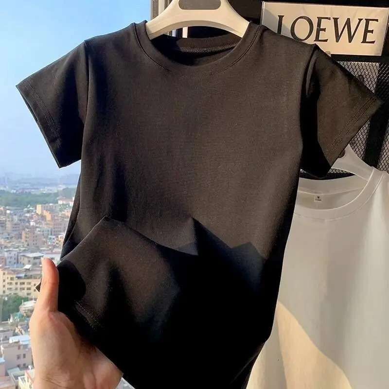 Spring Summer Short Sleeve T-Shirt Women Solid Simple Casual Soft All-Match Basic Slim Tops Tees Summer Fashion 2025 251219