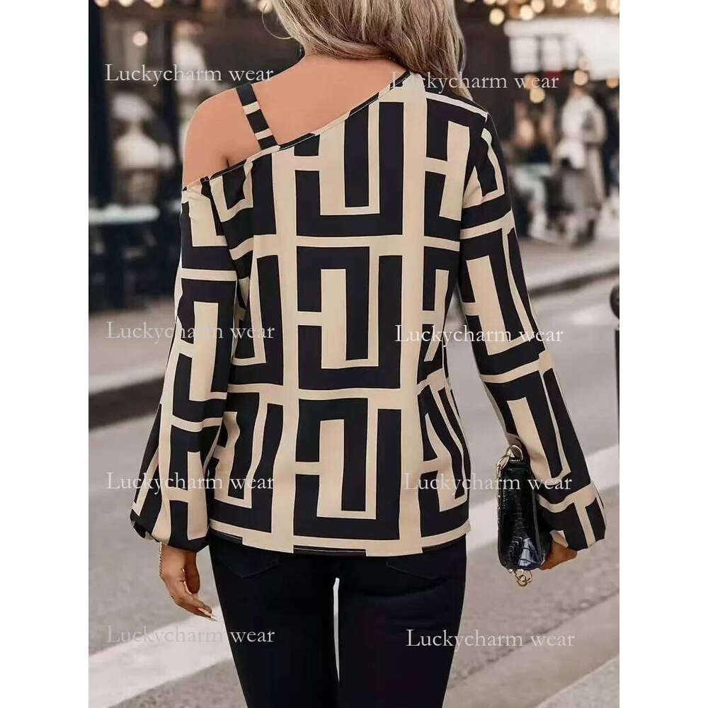 Elegant Geometric Printed Women's Blouse Spring 2025 New Product Slant Neck Off Shoulder Long Sleeve Hoodie Casual Shirt Ladies