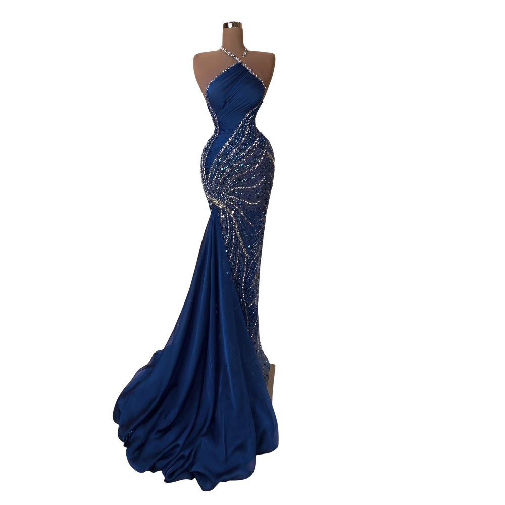 Stylish Halter Evening Dresses Sequins Beading Prom Dress Sleeveless Customized Mermaid Illusion Party Gowns Vestidos De Noche Plus Size