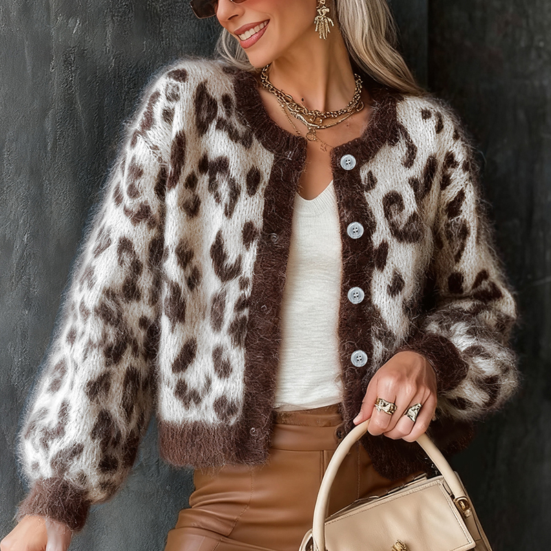 Women's leopard print sweater for autumn and winter, round neck, long sleeves, cardigan, leopard print jacquard. AMX006