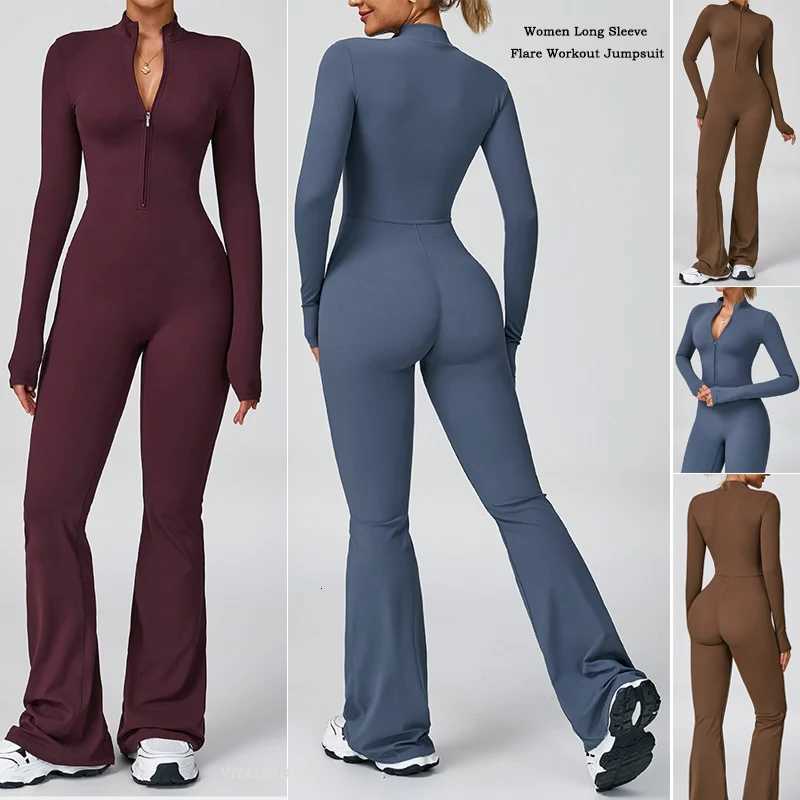 VITALINOVO Women Long Sleeve Flare Workout Jumpsuit Zip Up Romper Bottom Pants Wide Leg Full Length Bodysuit Bodycon One Piecet251219