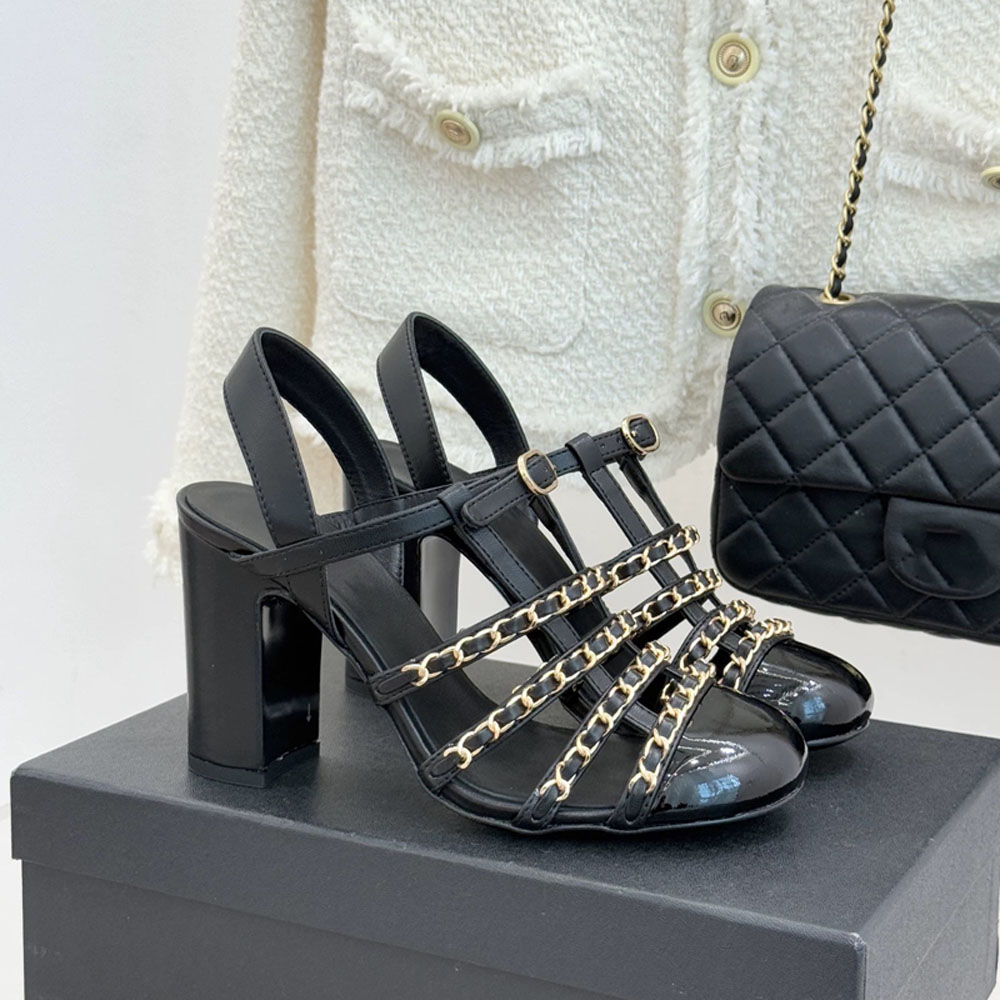 designer Chain cage type sandals Evening Wedding Dress Shoes Genuine leather sole Chunky Heel high heeled women high-heel sandals Bring box