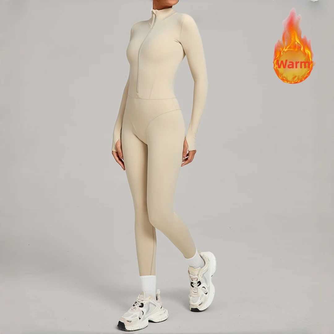 Winter Warm Yoga Jumpsuit Zipper Fleece Outdoor Fitness Running One-piece Workout Clothes Stand Collar Gym Legging Bodysuitst251219