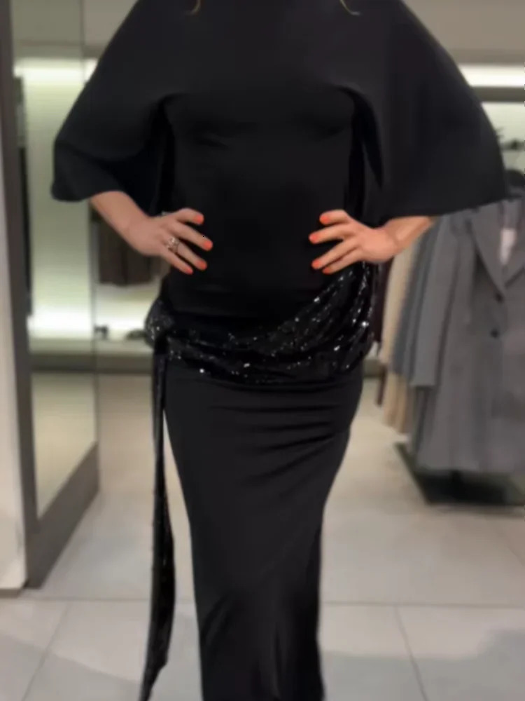Chic Lady Sequin Patchwork Backless Dress Sexy Solid Middle Sleeve Cinchedwaist Slim Long Dresse Evening Party Vestidos 251217 - view 3
