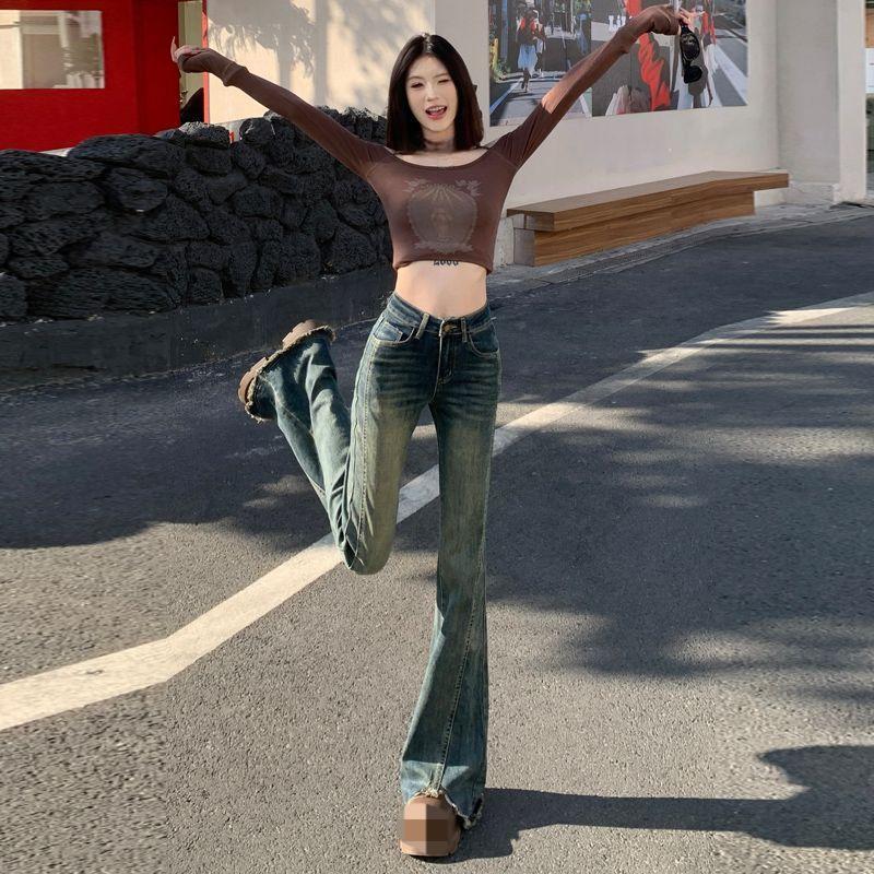 Hot girl stretch retro fringed split hoof-shaped pants, high-waisted pants that show long legs, floor-length flared pants---3029