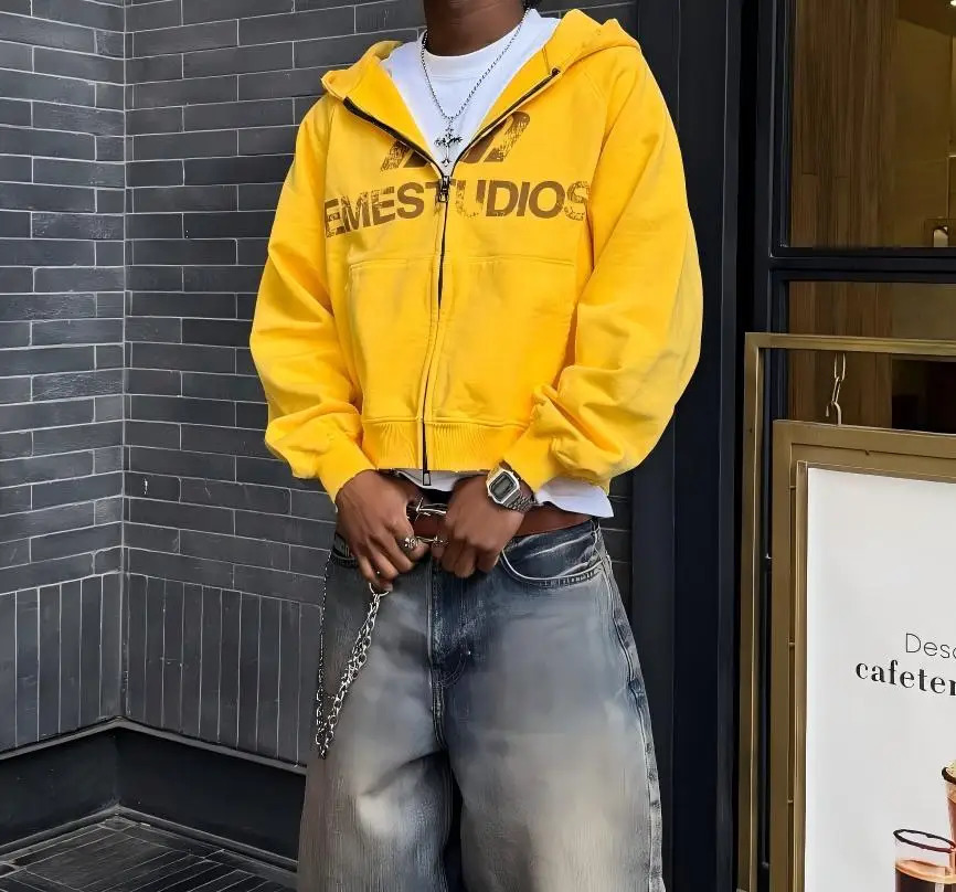 European and American letter printed yellow zipper hooded sweatshirt street sports Harajuku loose couple long sleeved jacket y2k 251217 - view 3