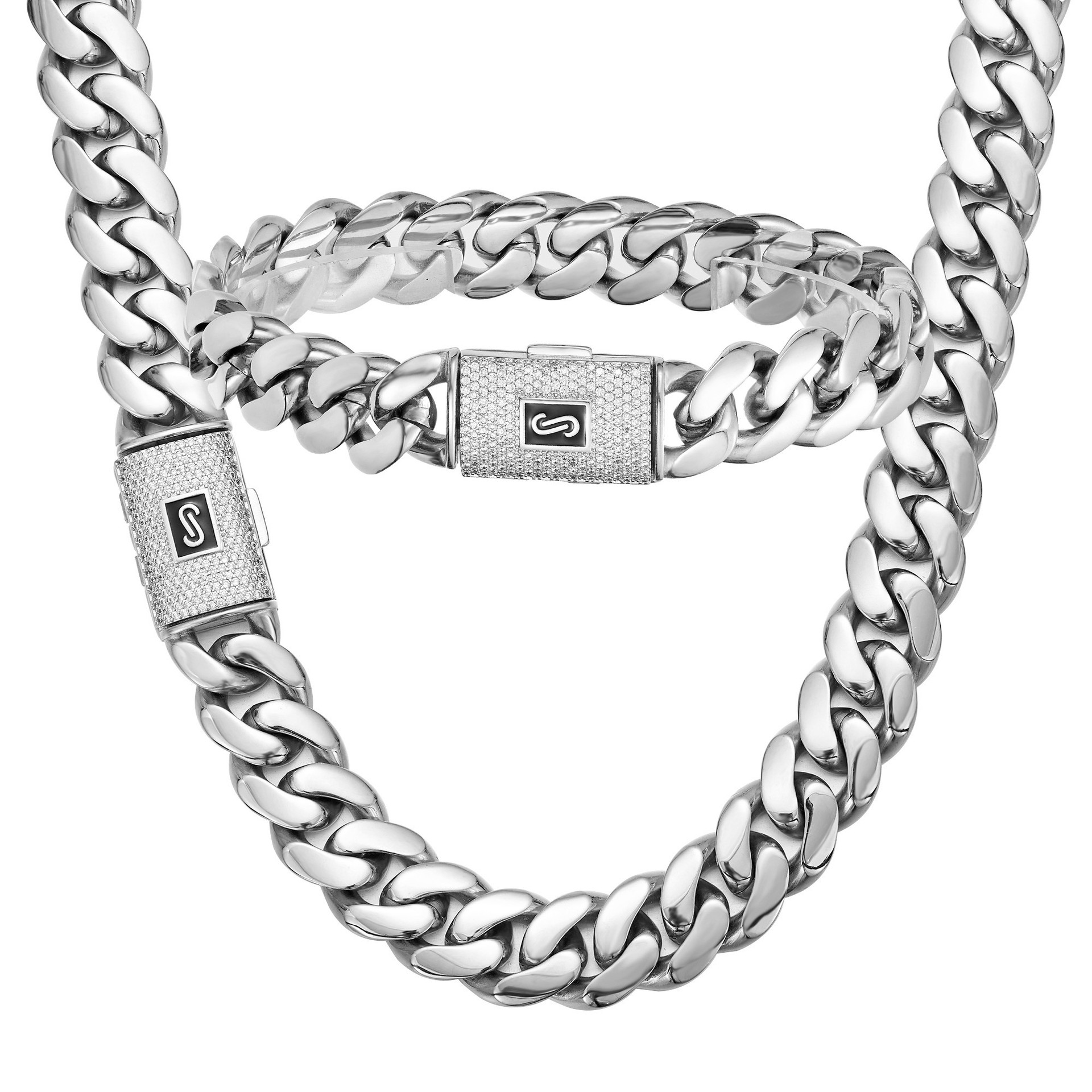 14mm Hip Hop Stainless Steel Cuban Chain Necklace Bracelet S Mark Full 5A Zircons Brass Clasp Jewelry Silver Color