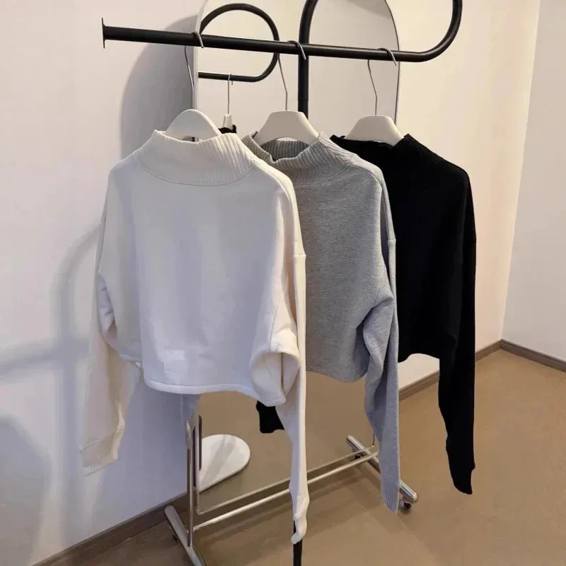 Winter Women Fleece Half Turtleneck Sweatshirt Warm Loose Cropped Pullover Soft Casual Sport Hoodie for Daily Wear 251219