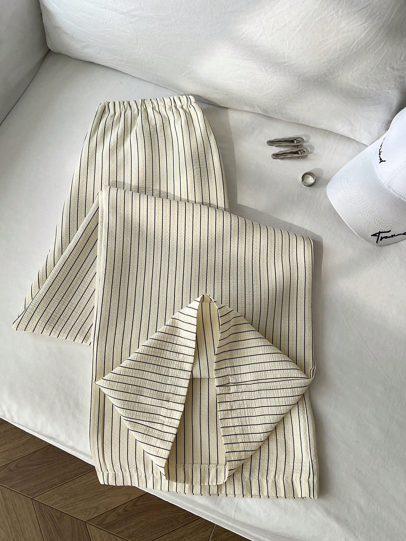Women's Casual Office Commute Straight Leg Pants - Yellow Beige Striped Polyester Comfortable Trousers ---116