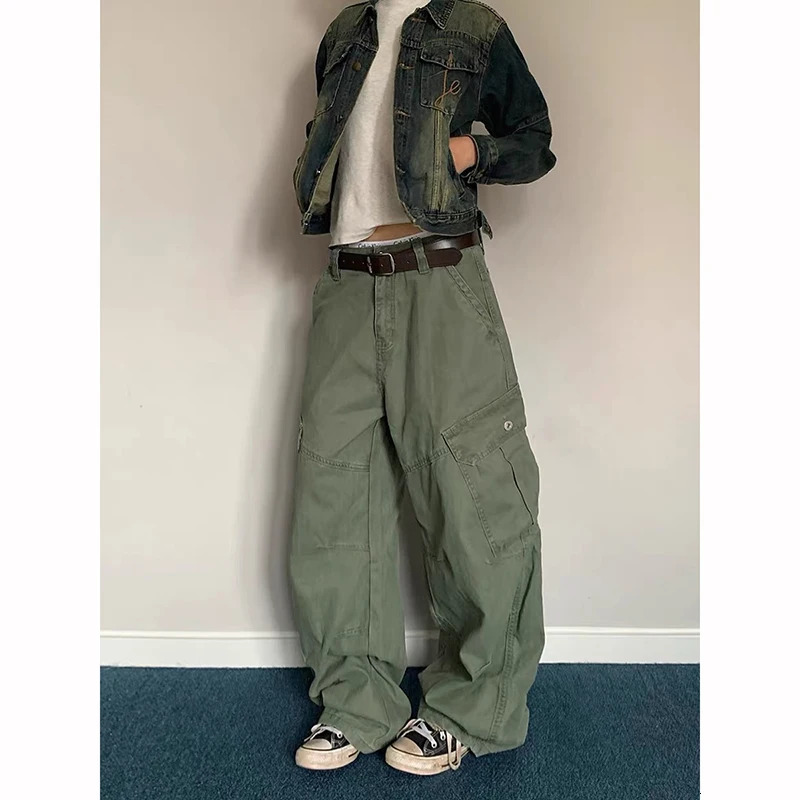 Women Green Y2k Baggy Cargo Harajuku Vintage Wash Denim Trouser Aesthetic 2000s Style Oversize Boyfriend Jeans Pants Autum Z260314