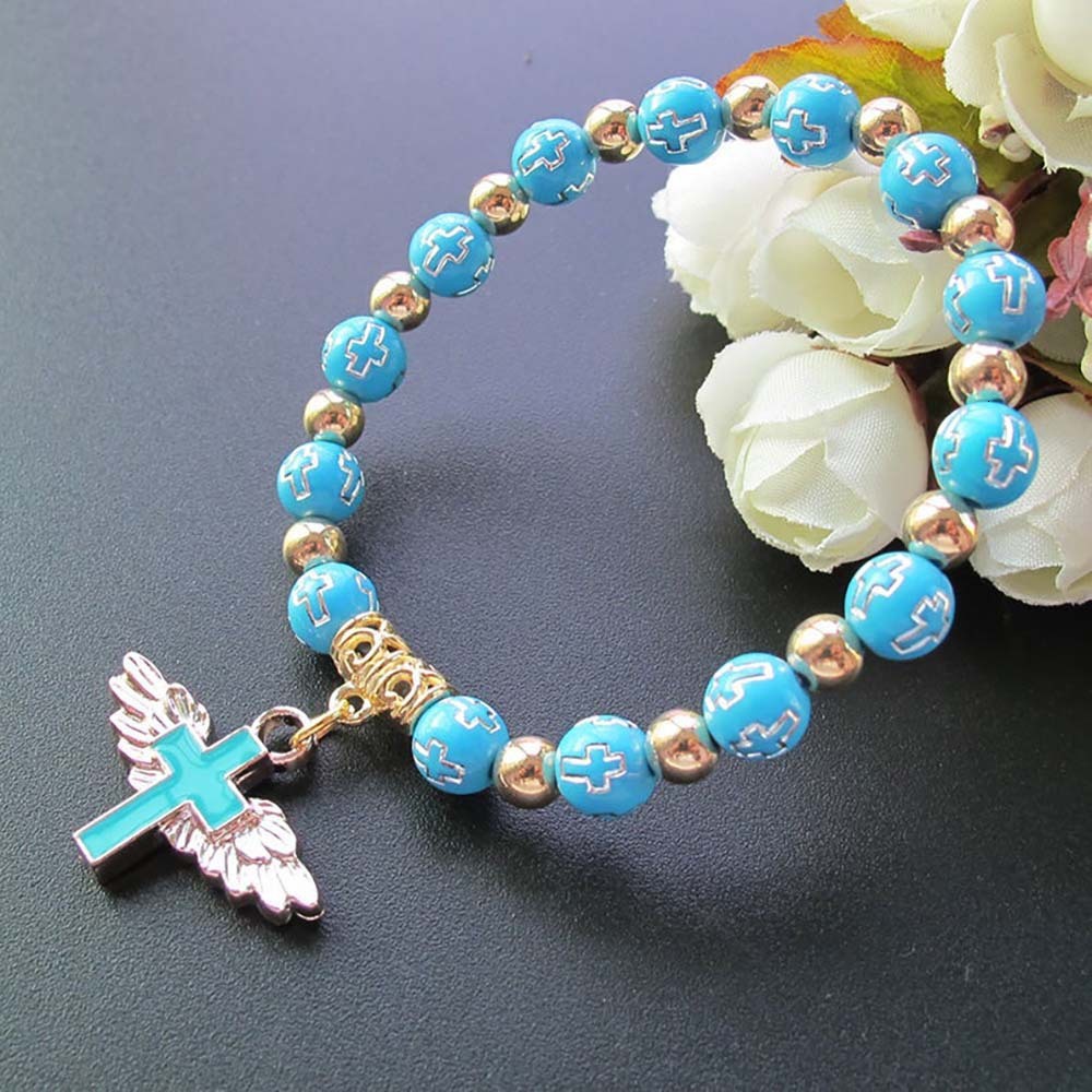Hot Selling Gold Stamping Acrylic Cross Bead Bracelet Oil Drop Angel Cross Rosary Bracelet