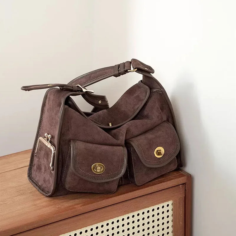 Suede Shoulder Bag Creative Double Pocket Underarm Bag Vintage Womens Bag Large Capacity Commuter Bag Retro Adjustable Handbags 251217